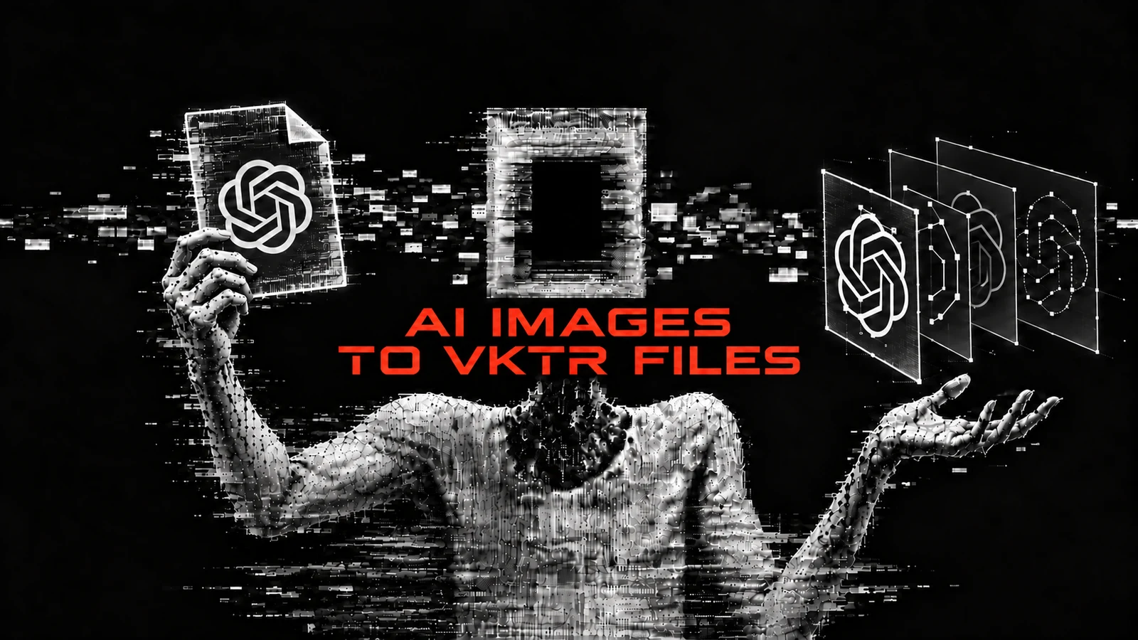 The words “AI IMAGES TO VKTR FILES” in orange over a monochrome figure holding a ChatGPT logo image beside editable vector paths