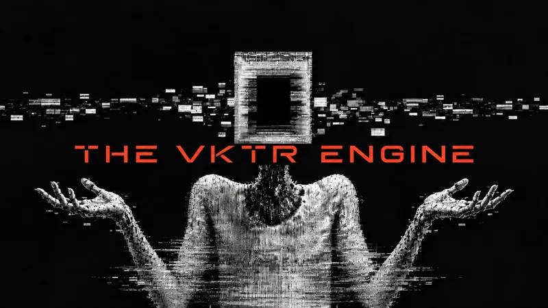 “The VKTR Engine” in orange across a figure built from circuitry, arms open, with a glitching square in place of a head