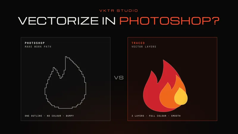 A one-colour flame traced as a single bumpy work path beside the same flame as clean, full-colour vector layers, under the words “VECTORIZE IN PHOTOSHOP?”
