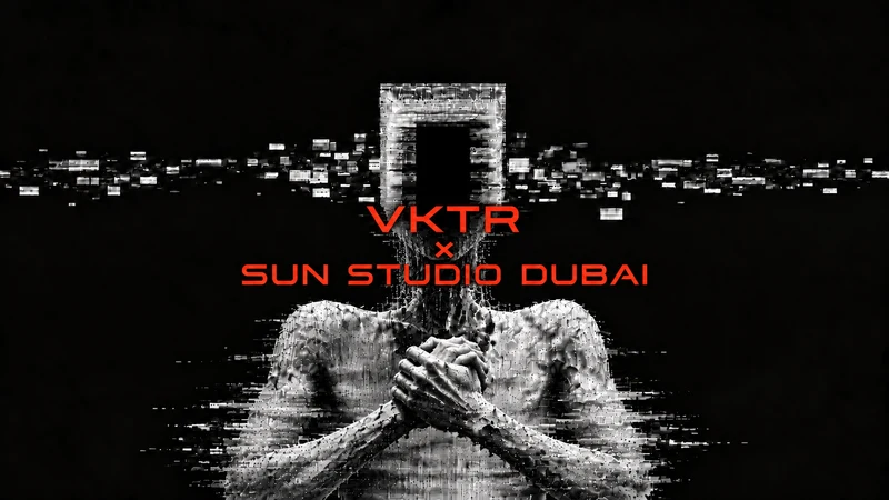 A silver glitch figure with clasped hands beneath orange lettering reading VKTR × Sun Studio Dubai