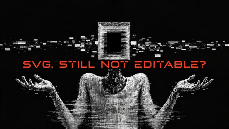 A monochrome glitch figure shrugging beneath orange text reading “SVG. STILL NOT EDITABLE?”