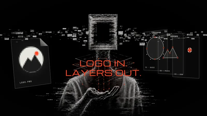 The words “LOGO IN. LAYERS OUT.” in orange over a monochrome figure, between a pixelated logo file and the same logo split into three vector layers with anchor points