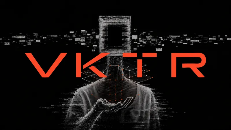 The VKTR wordmark in orange over a figure dissolving into pixels, with a vector outline of a file held in an open hand